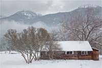 The Sandage homestead, Lake County, Montana, U.S., on a foggy January day.